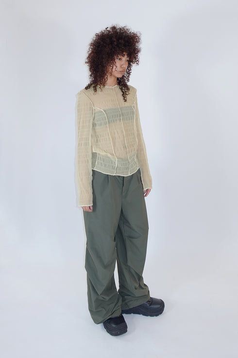 PLEATED MESH EXPOSED SEAMS TOPS -BEIGE- *Last1